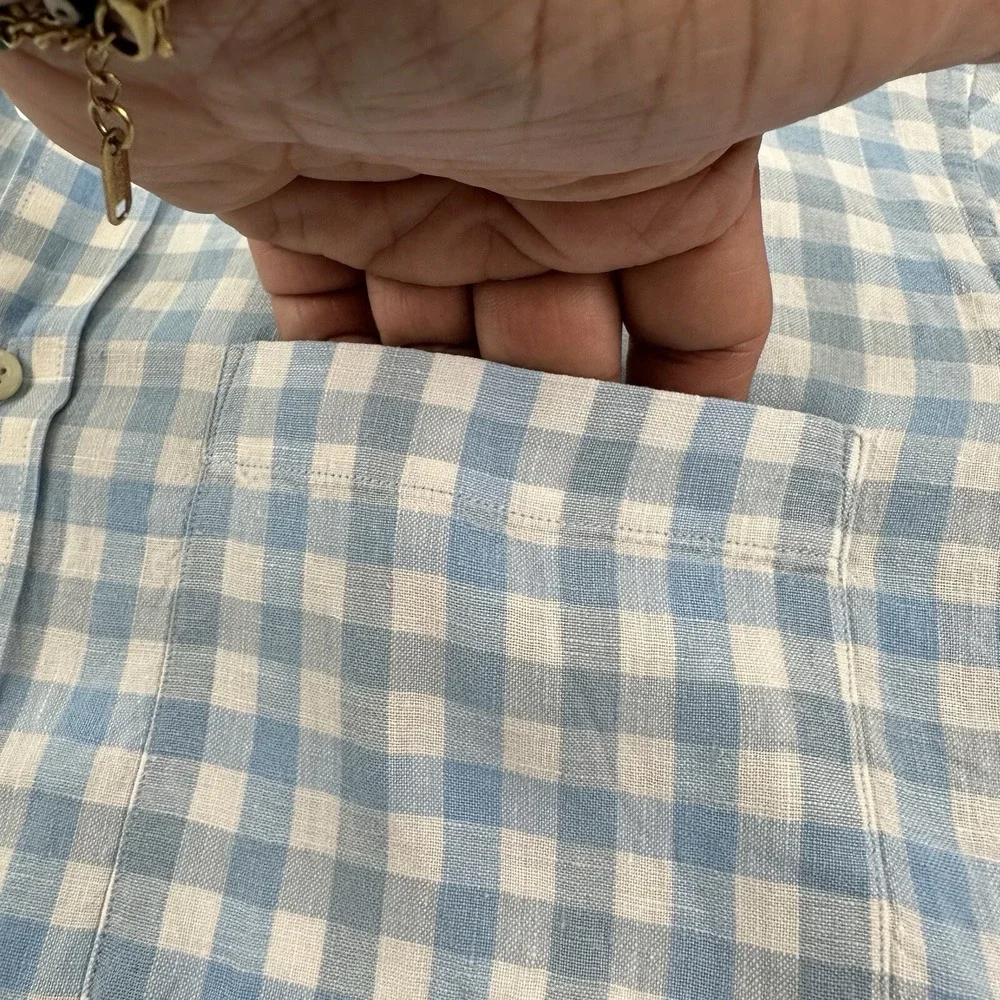 Banana Republic 100% Linen Shirt Men Medium White Blue Gingham Plaid Long Sleeve